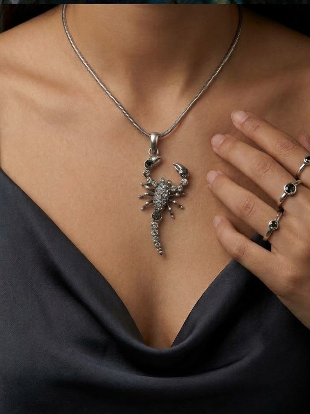 Artisan Scorpion Crystal Pendant 2.5" Necklace Smoky Swarovski Crystals